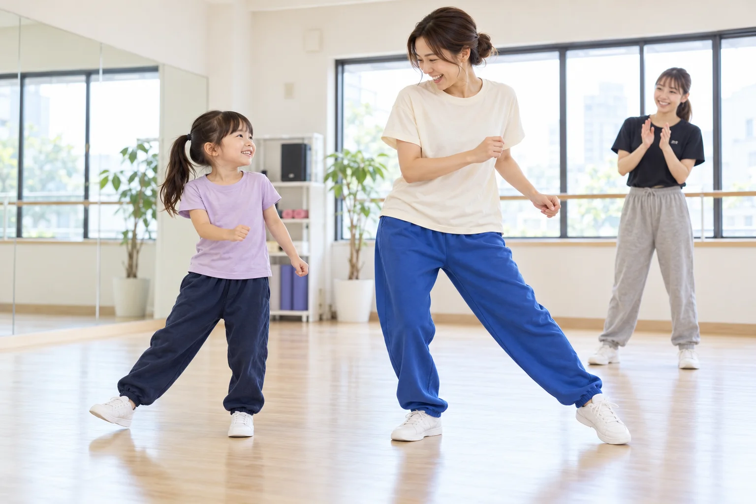 手を広げて親子でダンスを楽しむイメージ。AI生成写真