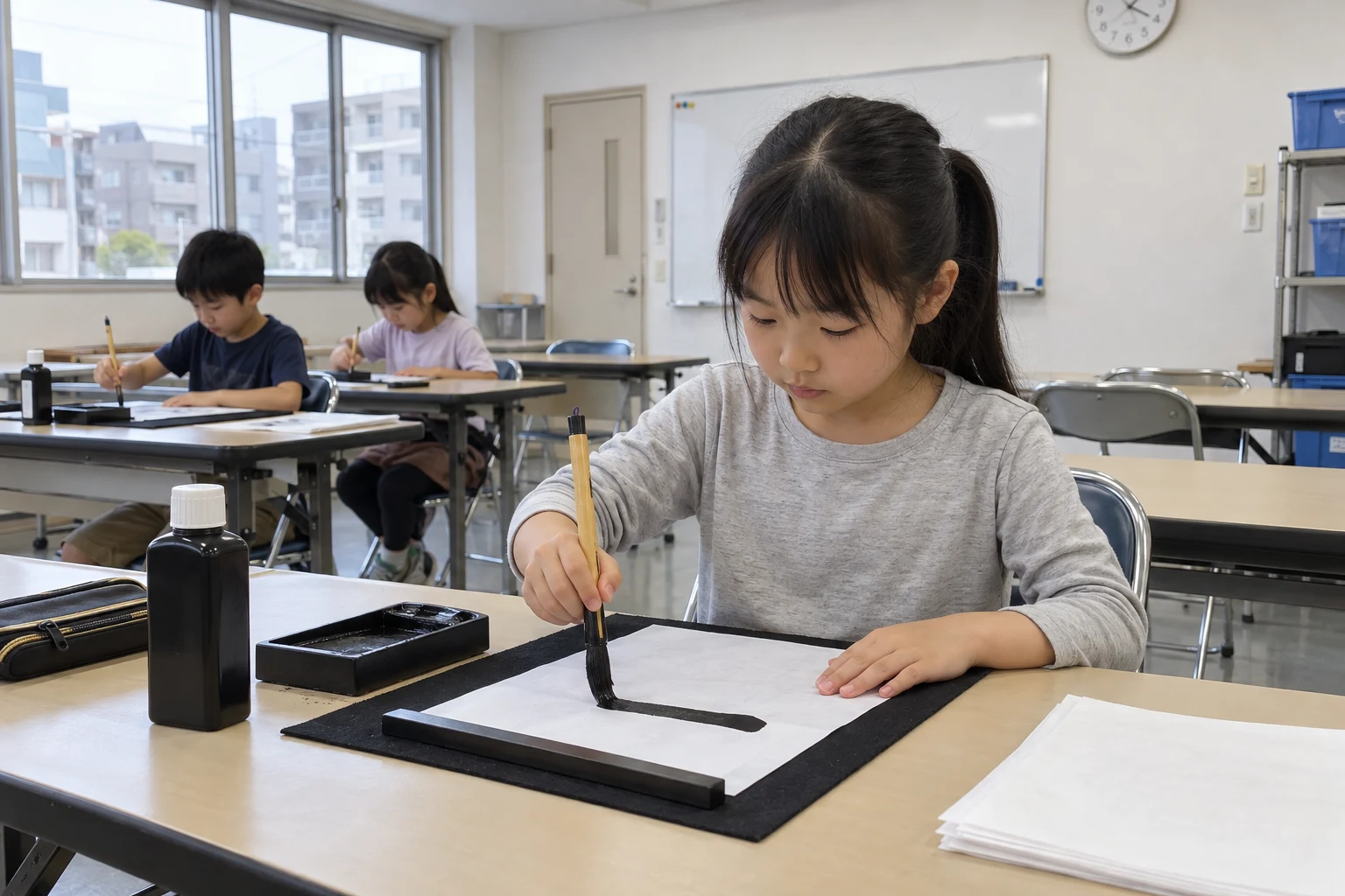 半紙に向かい、筆で大きな線を書く子ども