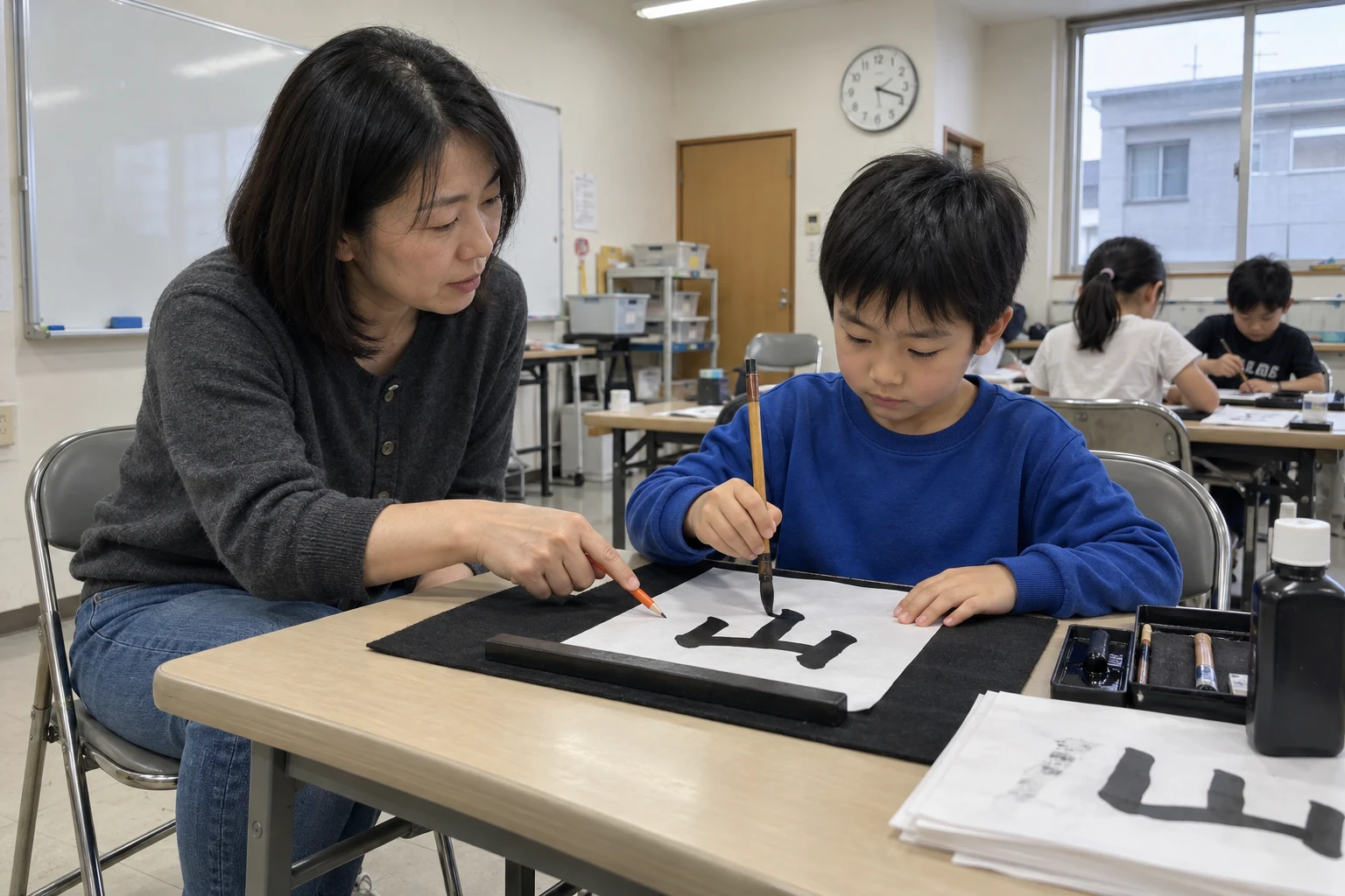 先生と一緒に筆の持ち方を確かめる時間